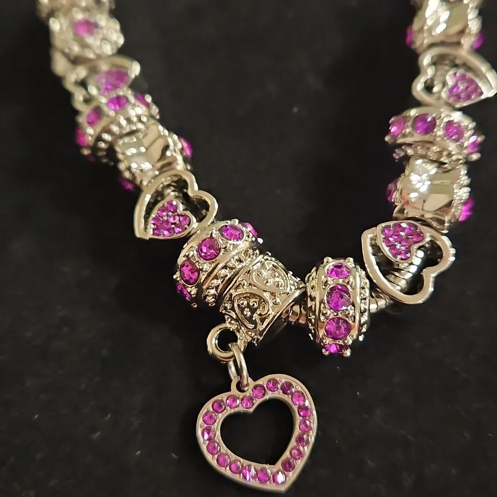 Birthstone bracelet silver tone with charms amethyst dark pink February October - Picture 8 of 10